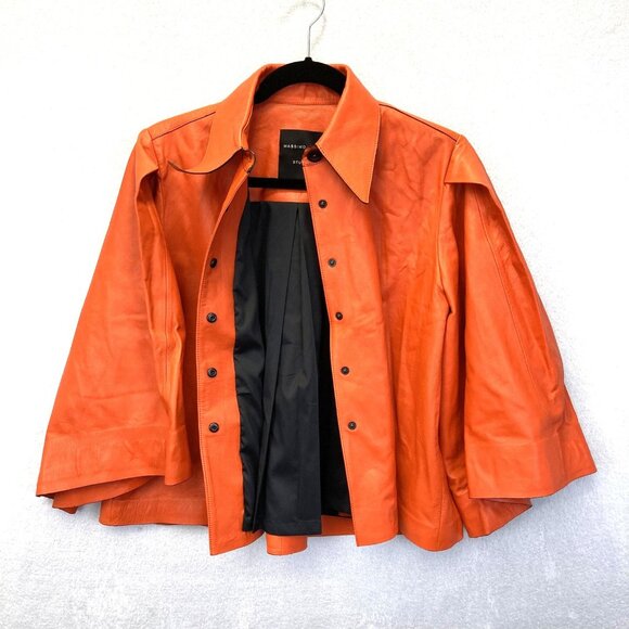 Massimo Dutti Bell Sleeve Sheep Leather Jacket Womens Small Orange Snap Up SOFT - Picture 1 of 16